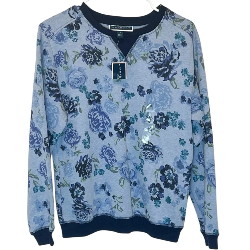 Karen Scott blue floral print pull over sweatshirt size S NWT